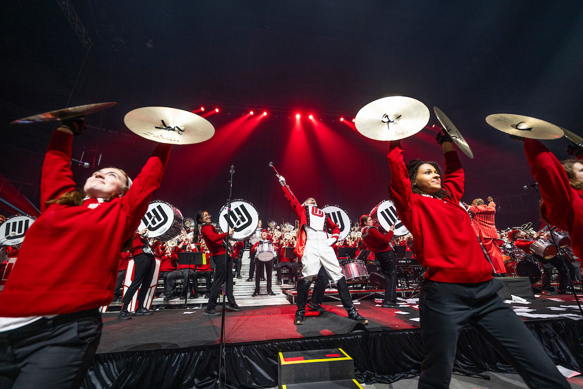 Members of the UW Marching Band percussion section preforming at the Varsity Band Spring Concert.