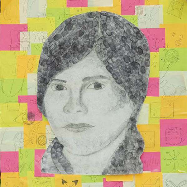 Student painting of author Valeria Luiselli using fingerprints