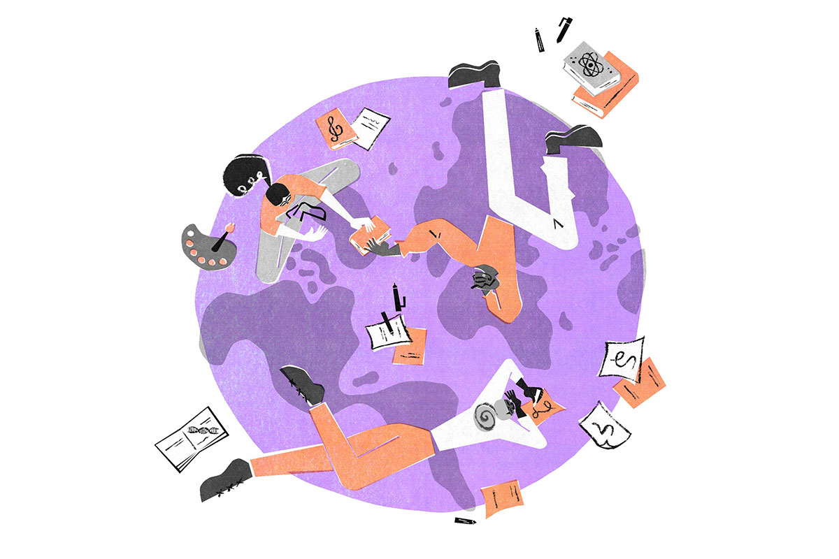Illustration of 3 individuals working together and sharing ideas across the globe 