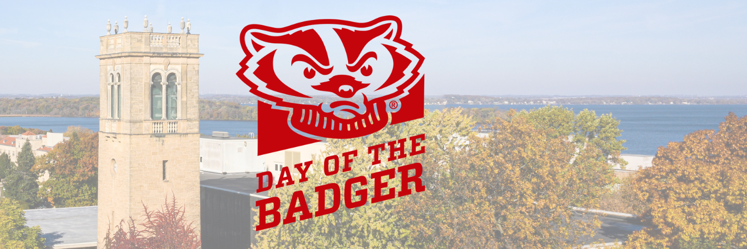 A photograph of the Sewell Social Science carillon in front of Lake Mendota. On top of this image is the red Day of the Badger logo.