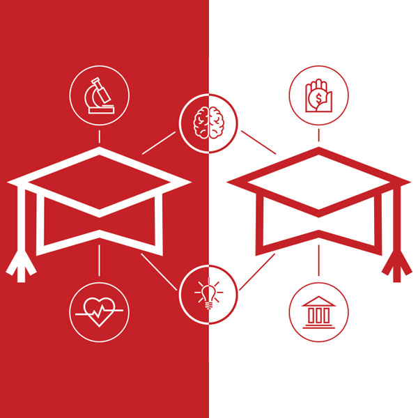 Graphic of two graduation caps with interconnected icons representing different majors