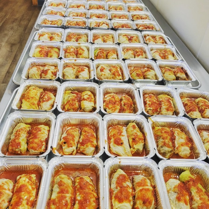 Rows and rows of meals of cabbage rolls