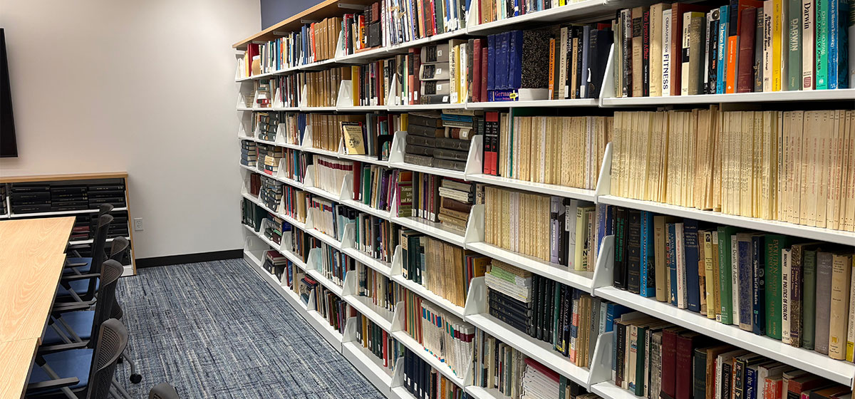 New building, Irving & Dorothy Levy Hall, classroom shelves already filled with Arts & Humanities books.
