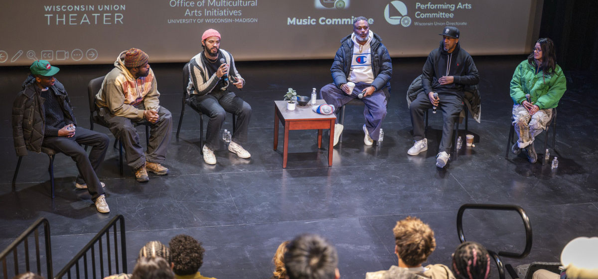 A group of music artists speak to crowd during the Interdisciplinary Arts Community Session event.