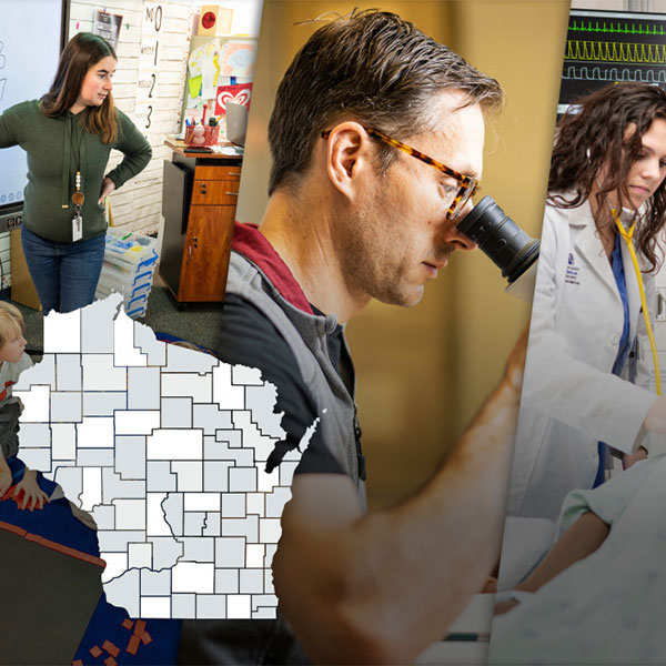 Collage of UW–Madison educational impacts on Wisconsin.